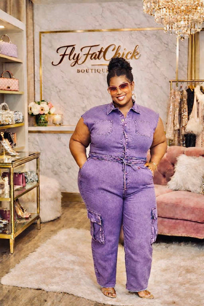 PLUS SIZE PURPLE CARGO ACID WASH STRETCHY DENIM JUMPSUIT-40