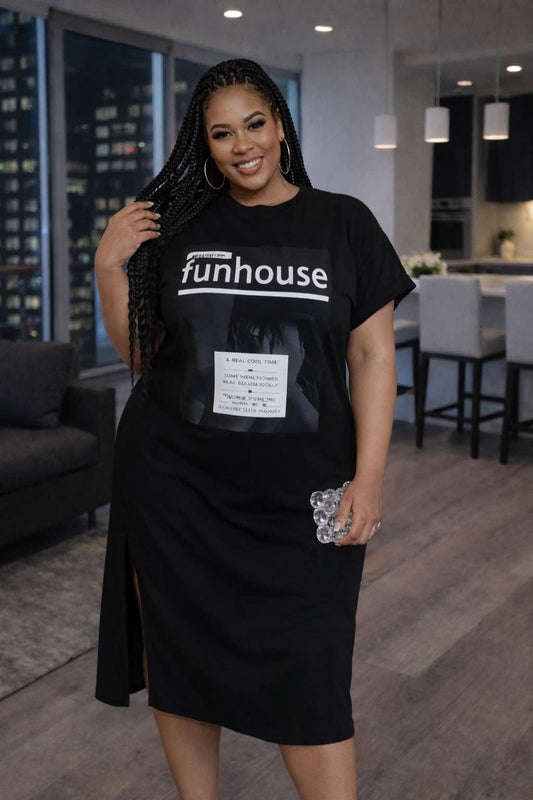 PLUS SIZE "FUN HOUSE" LOUNGE DRESS -BLACK