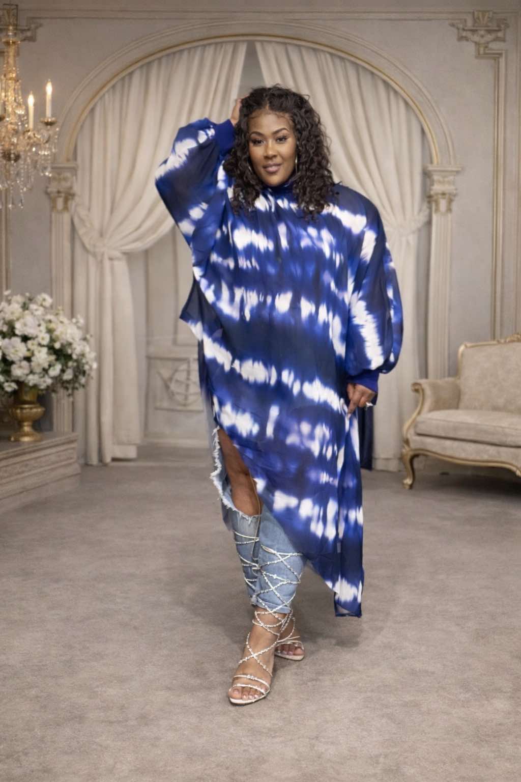 PLUS SIZE BLUE MIX CHIFFON SLANTED TOP/DRESS-00