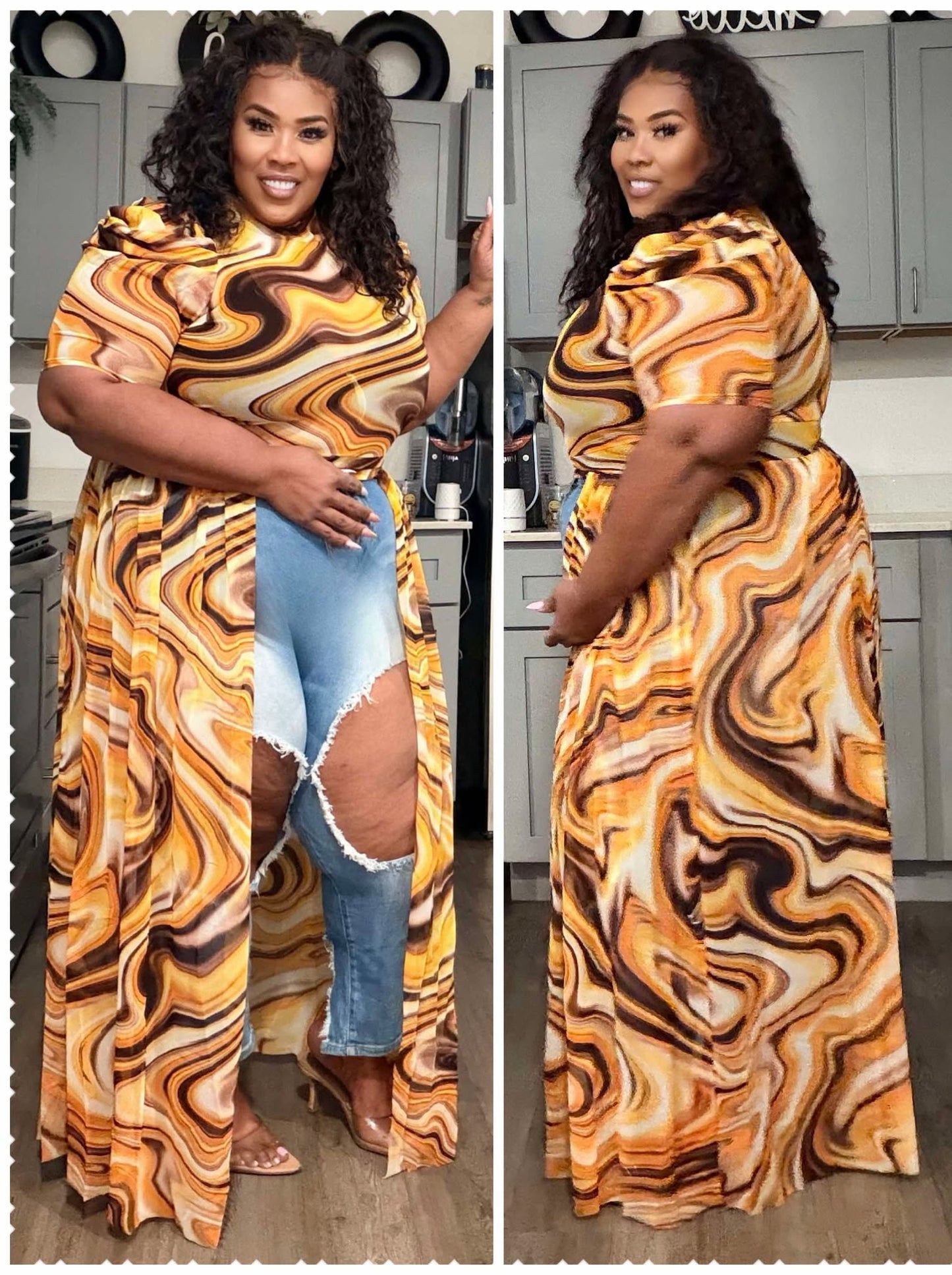 PLUS SIZE MUSTARD MIX SWIRL TOP-70