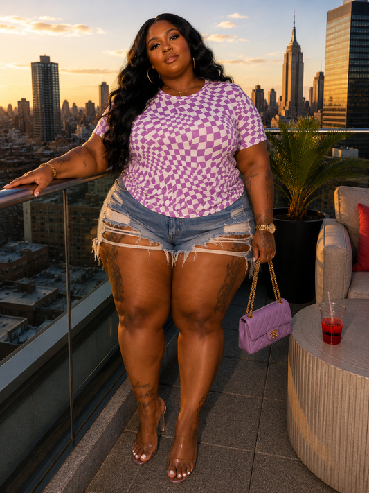 Plus Size STRETCHY MESH CHECKER PRINT TOP-PURPLE-65