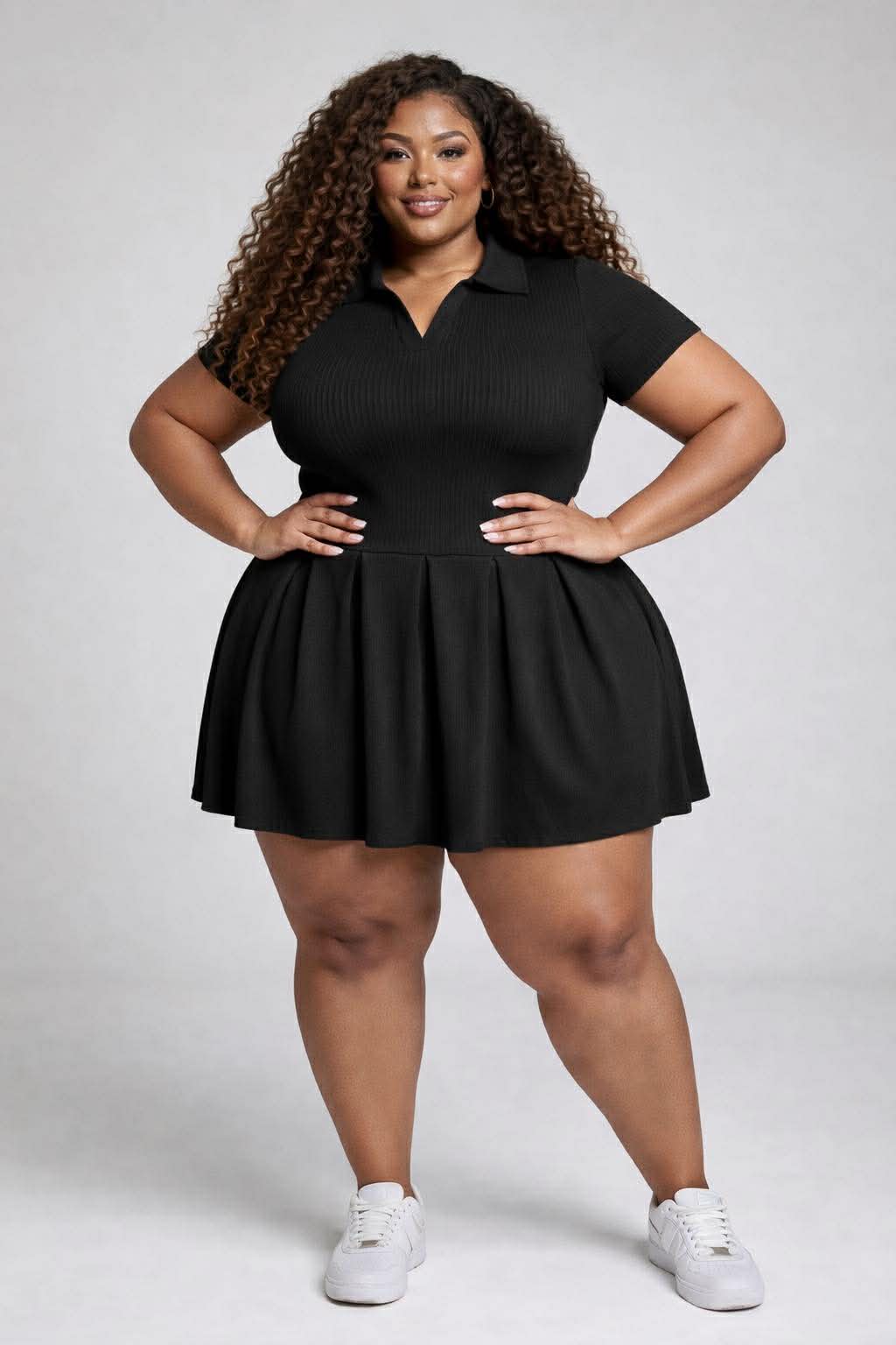 PLUS SIZE Rib Jersey Pleated Mini Dress-BLACK-75