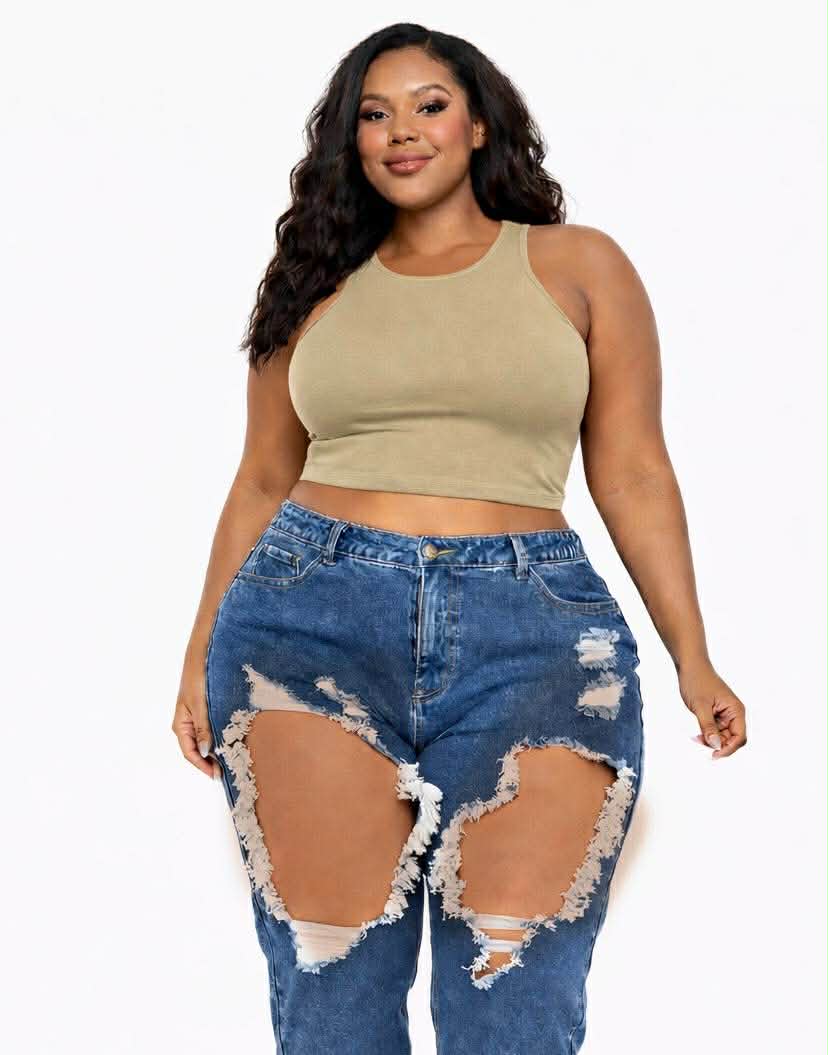 PLUS SIZE CROP TANK-KHAKI