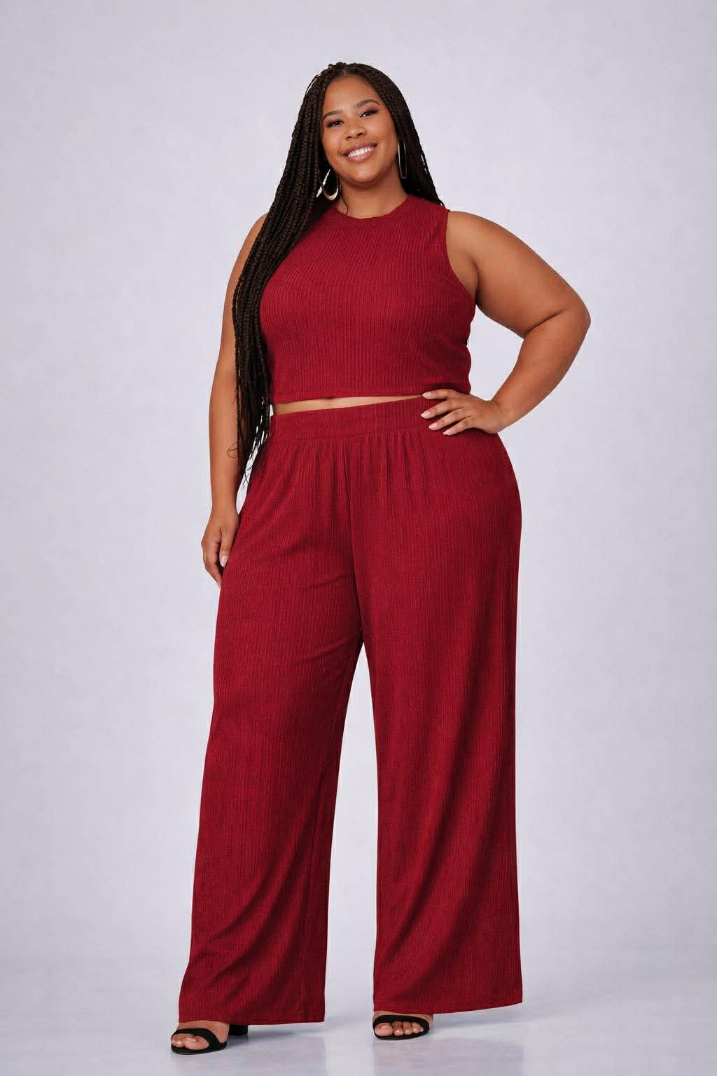 PLUS SIZE 2-piece Plus Crinkle Textured Loungewear Set-CRANBERRY