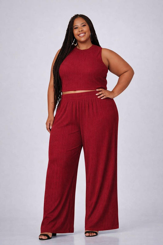 PLUS SIZE 2-piece Plus Crinkle Textured Loungewear Set-CRANBERRY