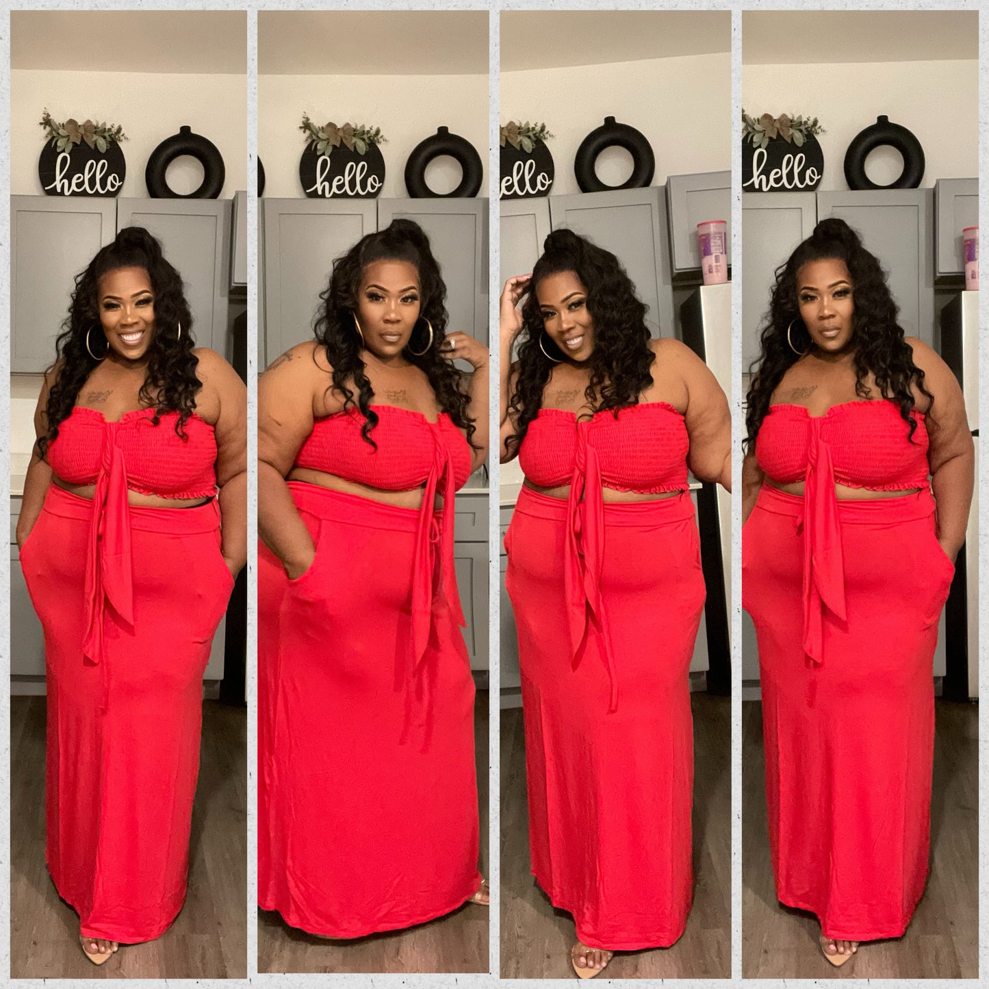 PLUS SIZE 2-PIECE MAXI SKIRT W/POCKETS & BANDAEU TOP SET-RED