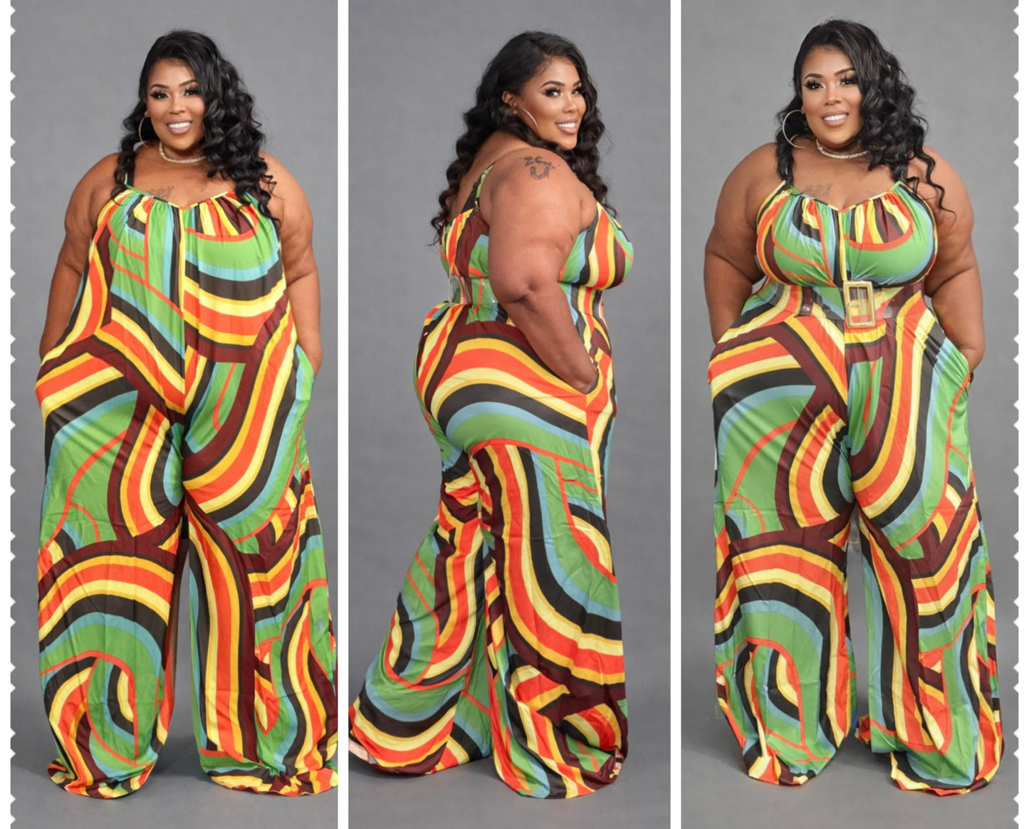 ***RUNS BIG*** PLUS SIZE MUSTARD MULTI PRINTED OVERSIZED WIDE LEG JUMPSUIT-07