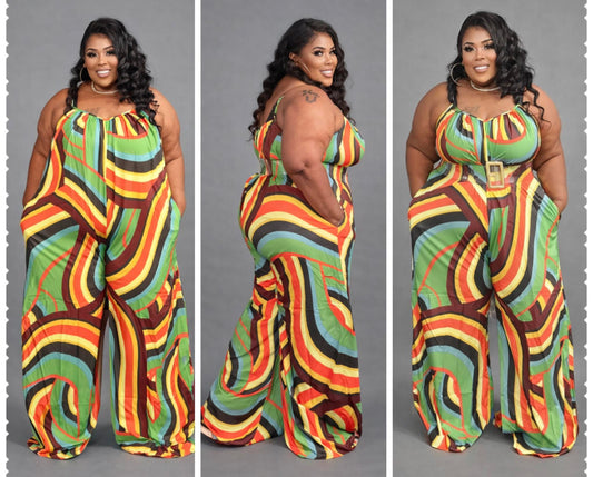 ***RUNS BIG*** PLUS SIZE MUSTARD MULTI PRINTED OVERSIZED WIDE LEG JUMPSUIT-07