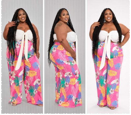 PLUS SIZE FLORAL PRINTED WIDE LEG PANTS-PINK-44