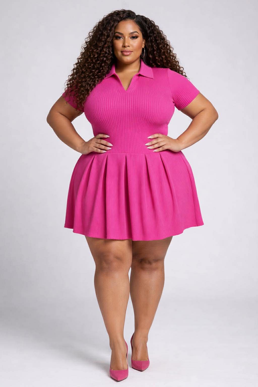 PLUS SIZE Rib Jersey Pleated Mini Dress-HOT PINK-75