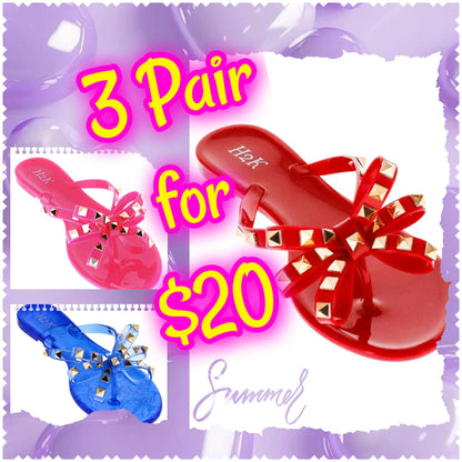 3 PAIR FOR $20 INCLUDES" T-strap sandal w/bow & gold-tone pyramid studs