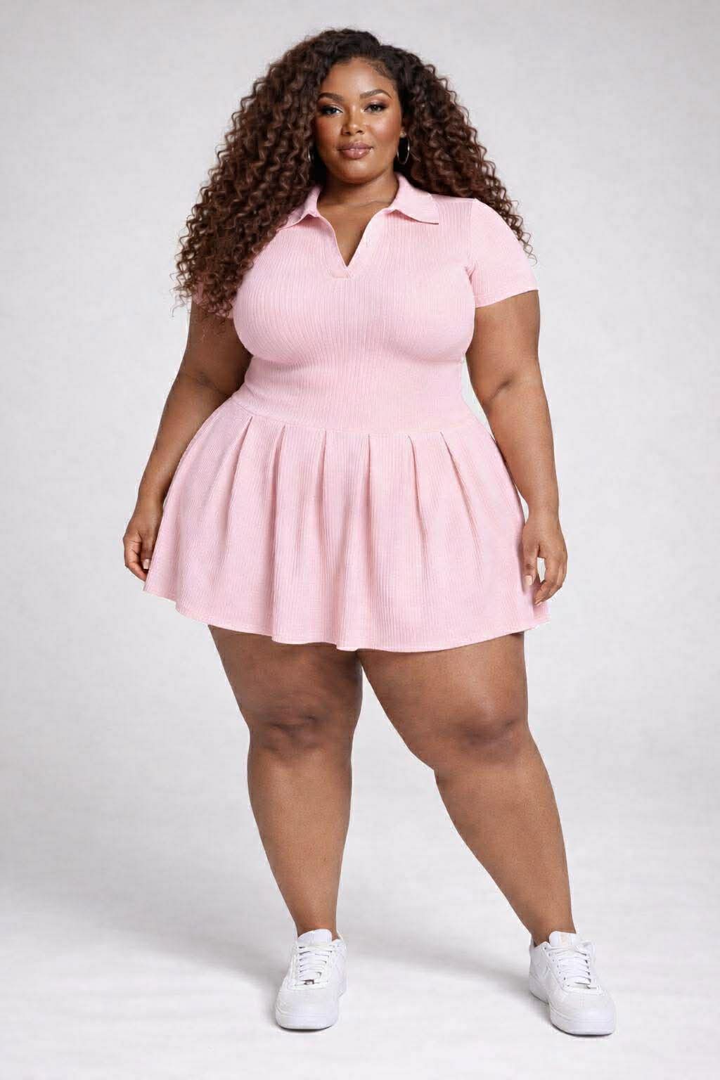 PLUS SIZE Rib Jersey Pleated Mini Dress-PINK-75
