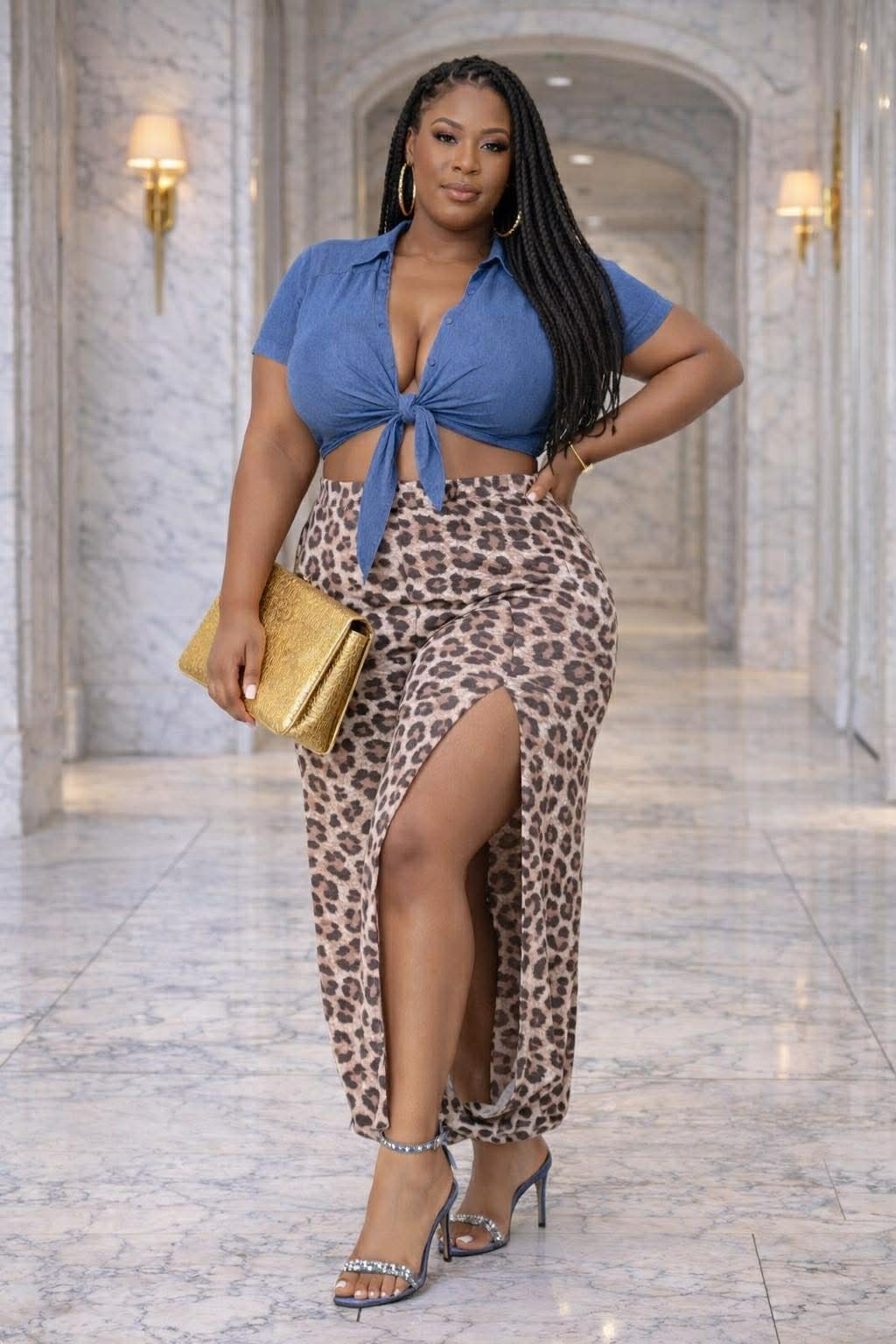 Plus leopard split side pants-BROWN