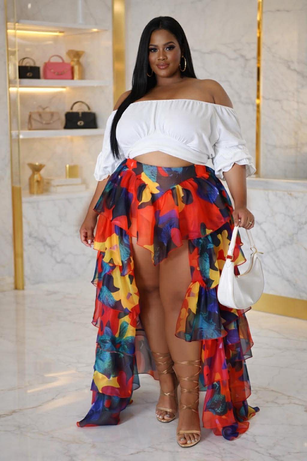 PLUS SIZE RUFFLE LAYERED HI/LO SKORT(NON-STRETCH)-50