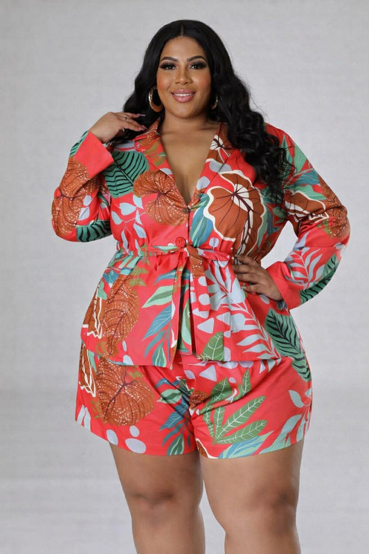 PLUS SIZE FLORAL PRINTER BLAZER SHORT SET (NON STRETCH)-30