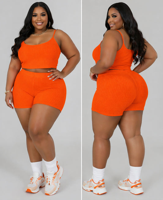 PLUS SIZE "THAT GIRL" 2-PIECE RIBBED SHORT SET-ORANGE-42