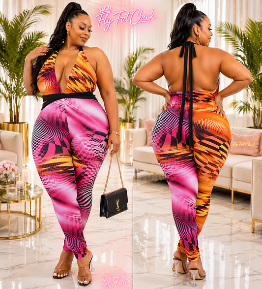 PLUS SIZE FUSCHIA MULTI PRINTED BACK OUT JUMPSUIT-08