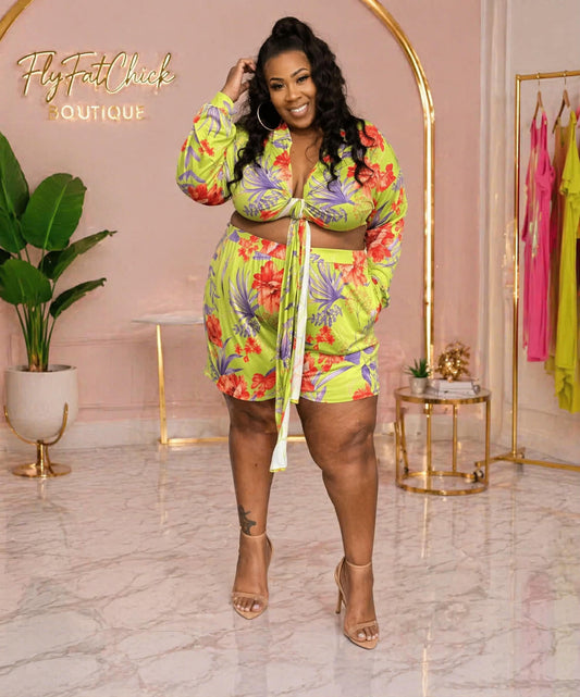 PLUS SIZE FLORAL 2-PIECE SHORT SET-LIME-01