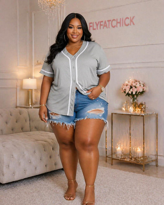 PLUS SIZE BUTTON UP JERSEY TOP-GREY/WHITE-00