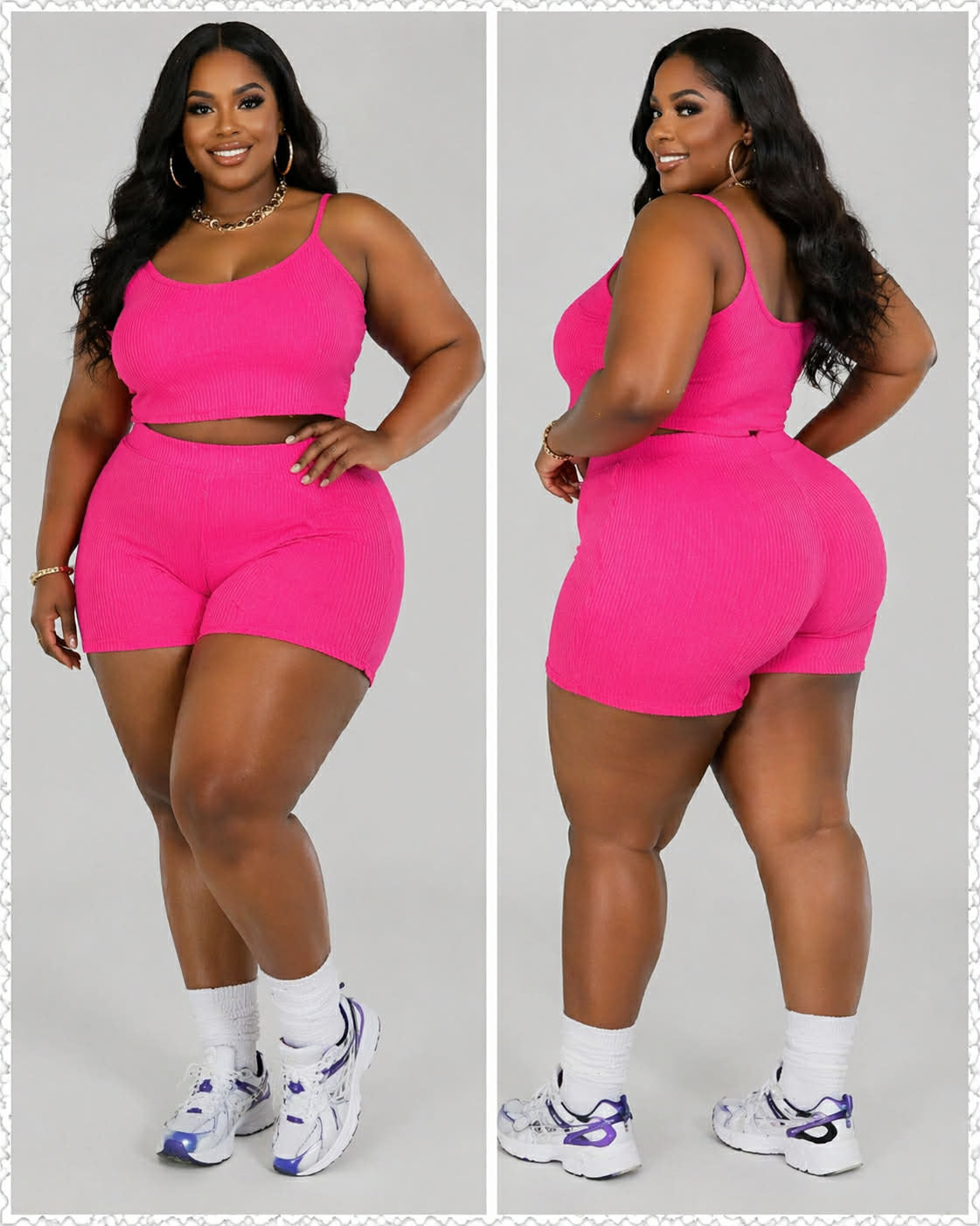 PLUS SIZE "THAT GIRL" 2-PIECE RIBBED SHORT SET-HOT PINK-48