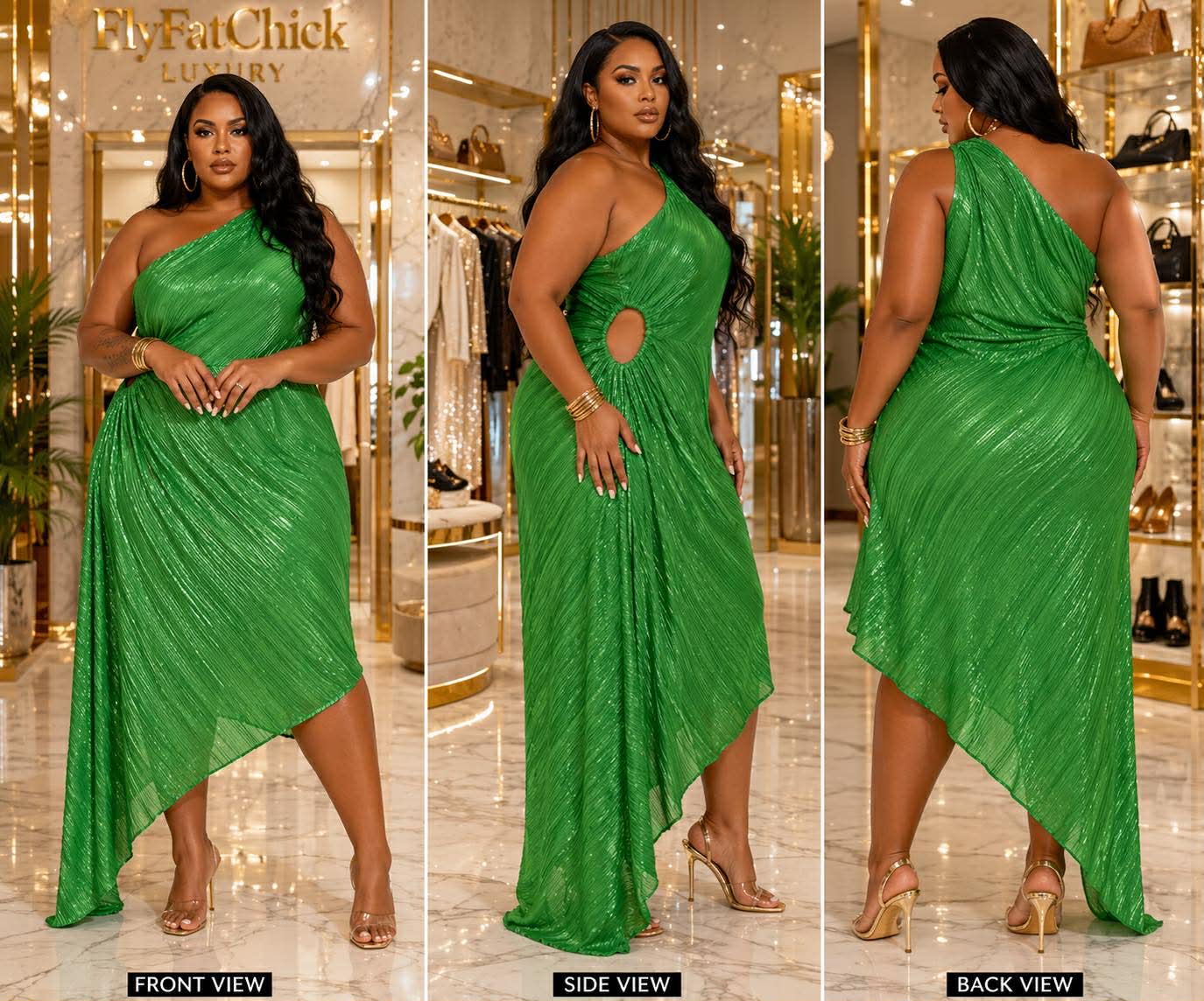 Plus Size Pleated Cut Out Open Side Asymmetric Maxi Dress-KELLY GREEN-61
