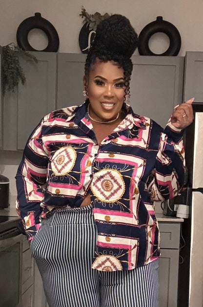 PLUS SIZE FUSCHIA/NAVY PRINTED LONG SLEEVE BUTTON UP TOP