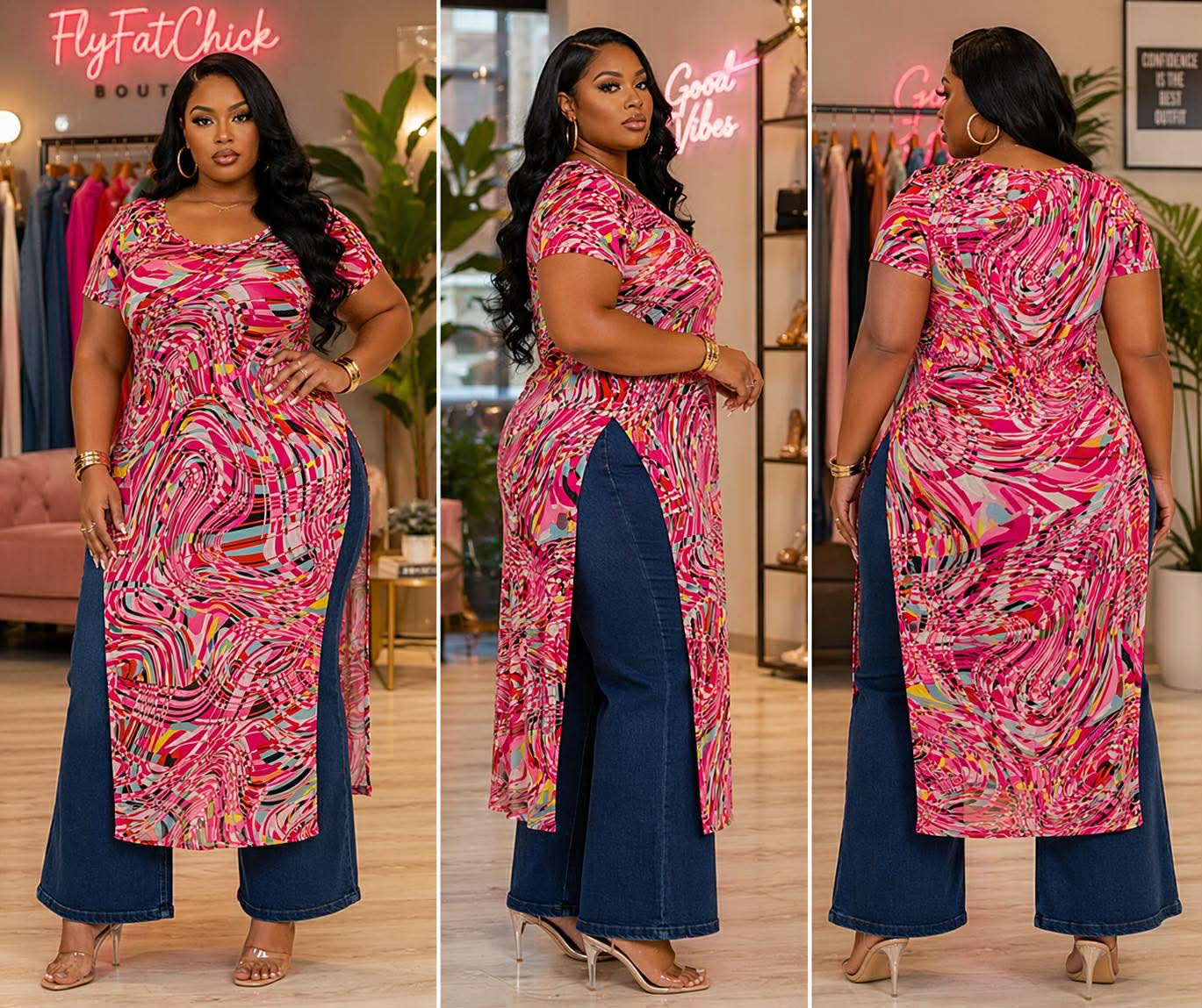Plus Size Mesh Print Short Sleeve Side Slits Top-FUSCHIA MIX-60