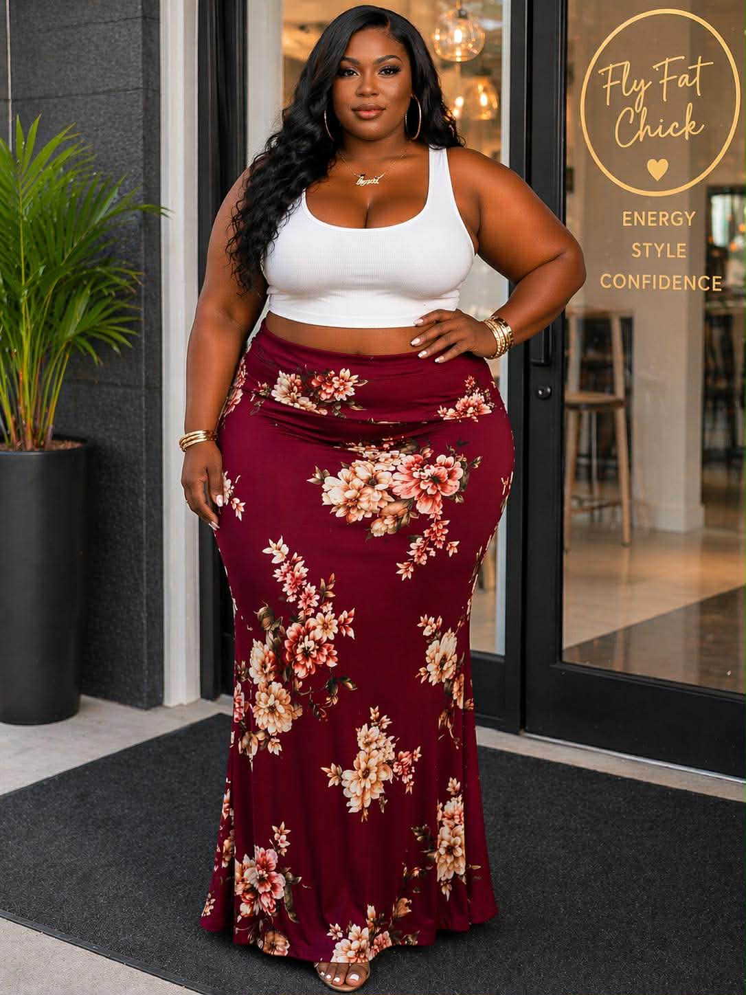 PLUS SIZE MAXI SKIRT-FLORAL MIX-CRANBERRY-59