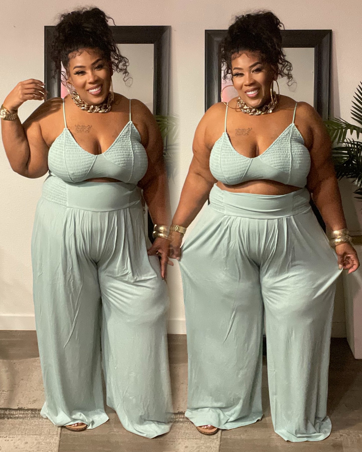 PLUS SIZE 2-PIECE WIDE LEG & TOP SET-PISTACHIO