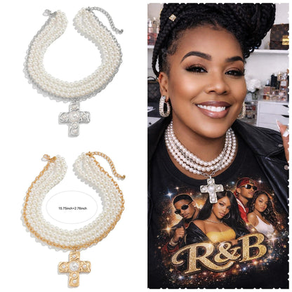 Hammered cross multi wrap pearl necklace