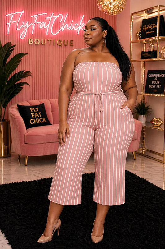 PLUS SIZE HALTER STRIPED CULLOT JUMPSUIT W/BELT-MAUVE-04