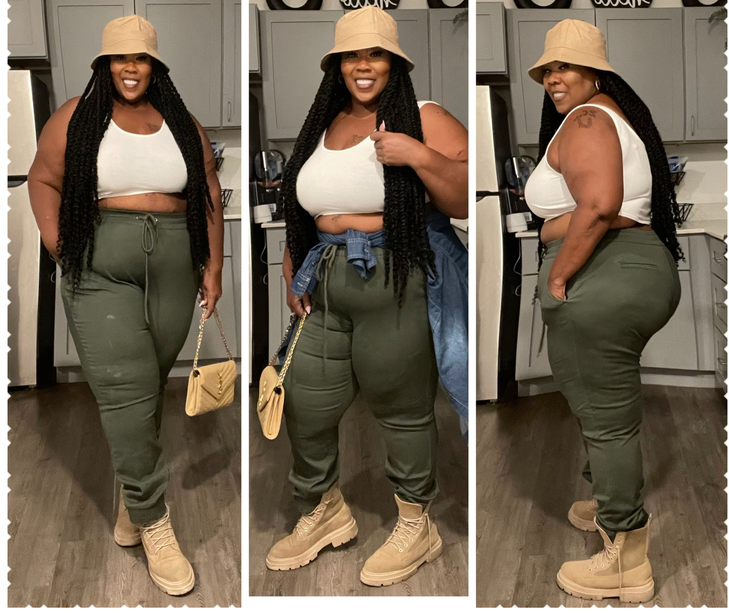 PLUS SIZE CARGO JOGGERS W/POCKETS & DRAWSTRING WAIST TIE-OLIVE