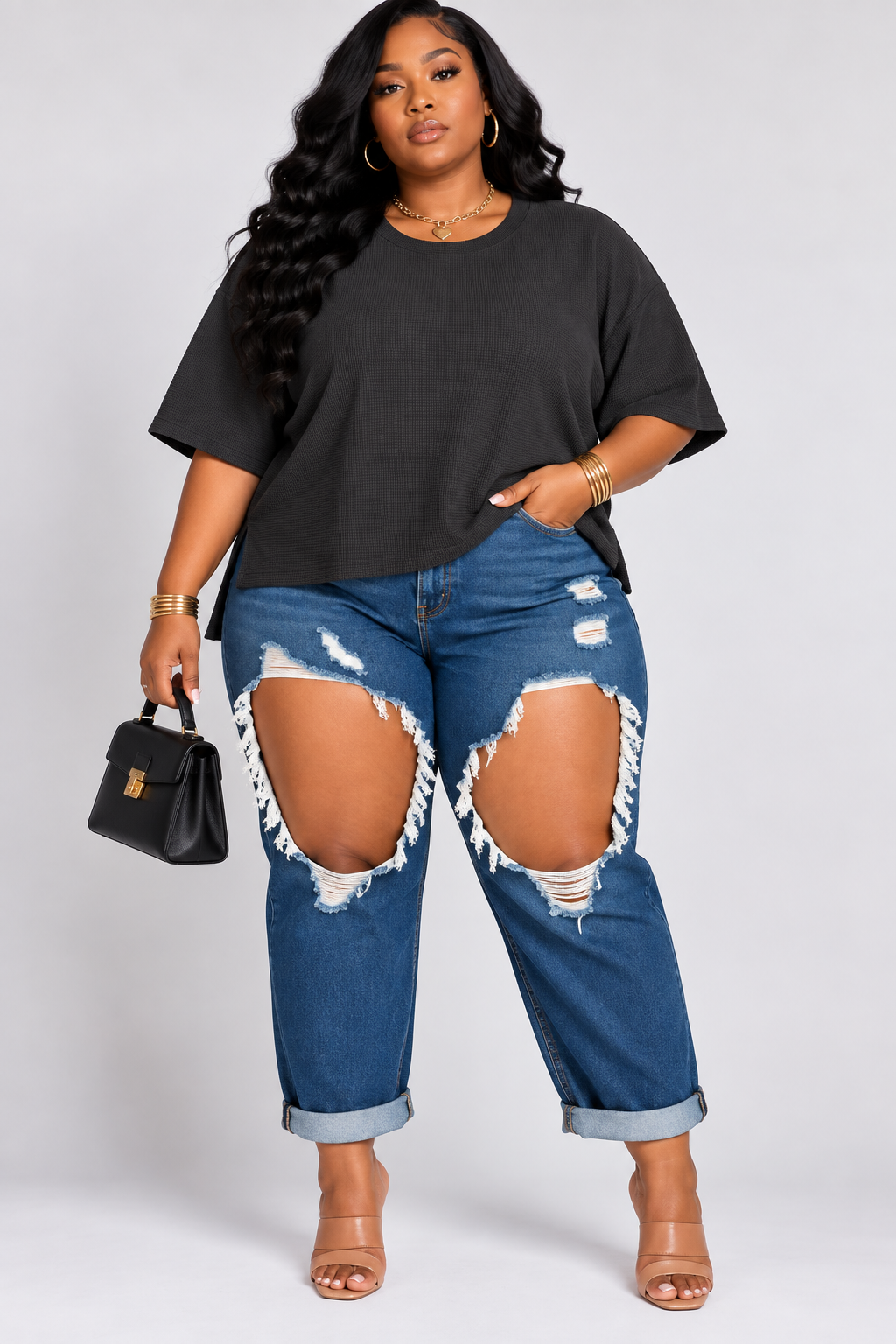 PLUS SIZE Double knit side slits hi low short sleeve top-BLACK