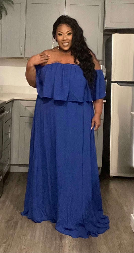 PLUS SIZE RUFFLE OFF SHOULDER ELASTIC WAIST MAXI DRESS-BLUE