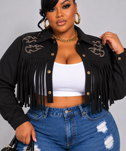 PLUS SIZE STRETCHY FAUX SUEDE FRINGE COP JACKET-BLACK-61