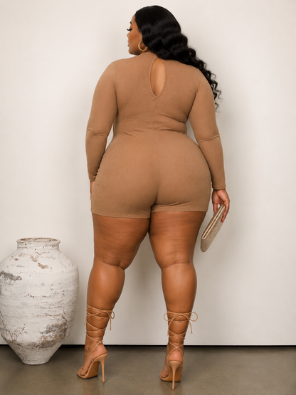 PLUS SIZE LONG SLEEVE FRONT CUT OUT ROMPER-KHAKI-58