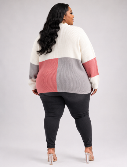 PLUS SIZE LONG SLEEVE MOCK NECK RIBBED COLOR-BLOCK-MAUVE