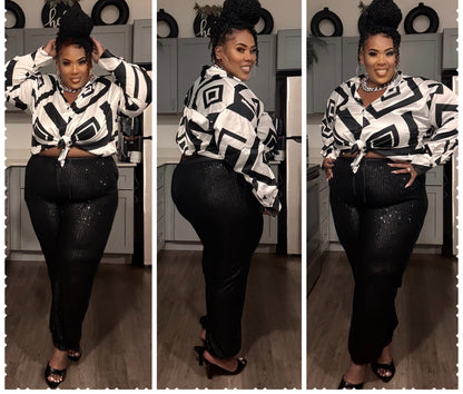 PLUS SIZE ELASTIC WAIST FRONT POCKETS JOGGER SEQUINS PANTS