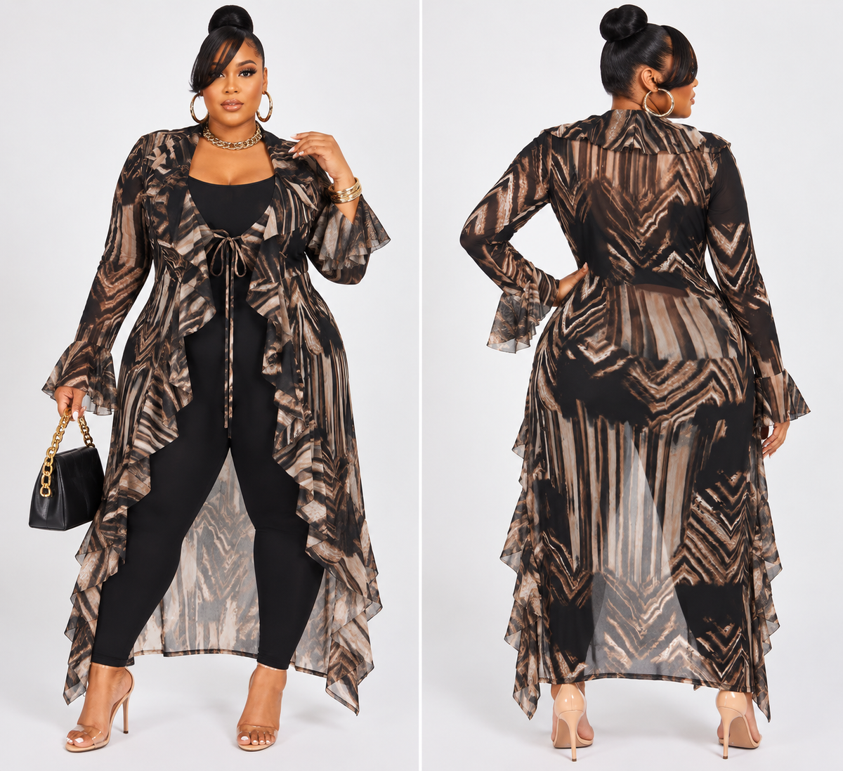 PLUS SIZE "TURN'N HEADS" MESH RUFFLE CARDIGAN-BLACK MIX