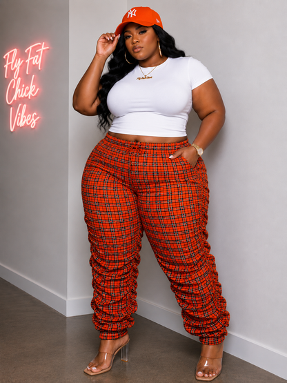 PLUS SIZE "PLAID ON PURPOSE" SCRUNCH PANTS-ORANGE