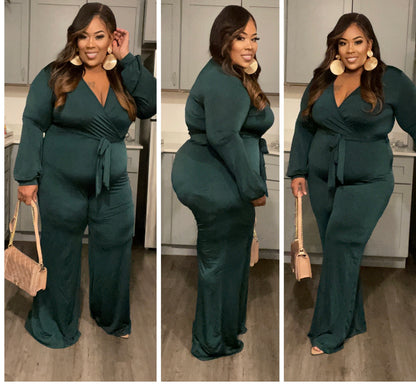 PLUS SIZE DEEP V-NECK WIDE LEG JUMPSUIT W/BELT-08