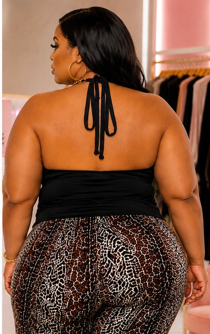 Plus Size Shirring Halter Neck Chain Trim Tie Top