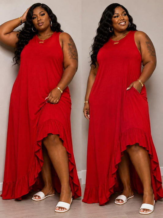 PLUS SIZE "ROYAL RUFFLE"MAXI DRESS-RED-25