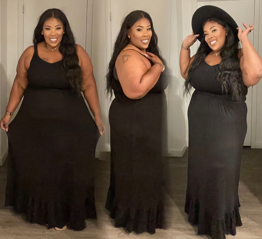 PLUS SIZE SPAGHETTI STRAP RUFFLE BOTTOM MAXI DRESS-BLACK