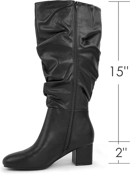 BIG MAMA WIDE CALF CHUNKY HEELS BOOTS-FAUX LEATHER BLACK