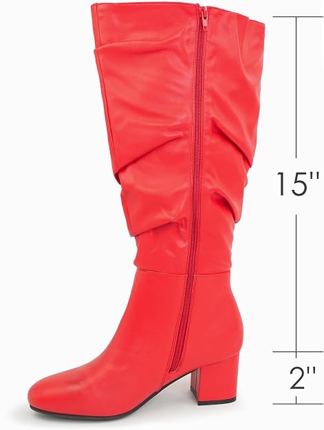 BIG MAMA WIDE CALF CHUNKY HEELS BOOTS-FAUX LEATHER RED