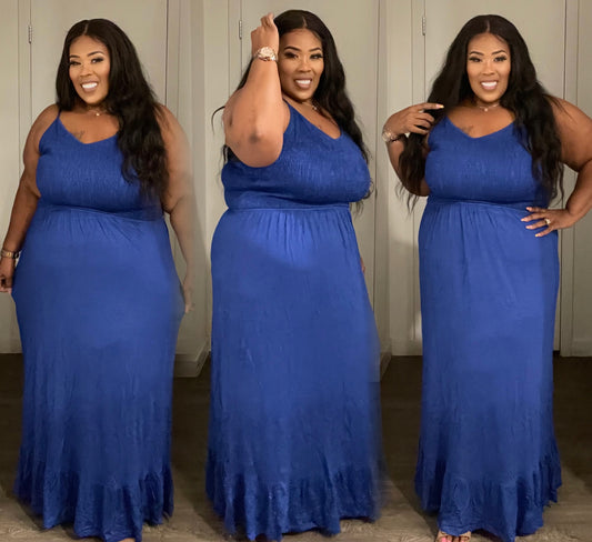 PLUS SIZE SPAGHETTI STRAP RUFFLE BOTTOM MAXI DRESS-ROYAL BLUE