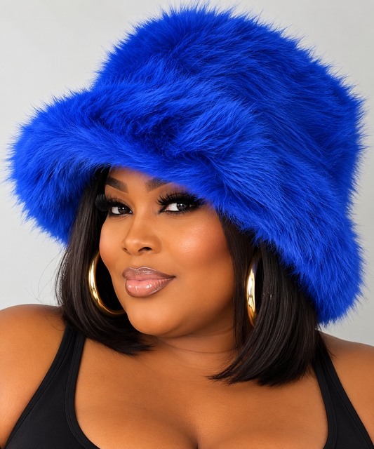 Wide Fluffy Faux Fur Bucket Hat-ROYAL BLUE