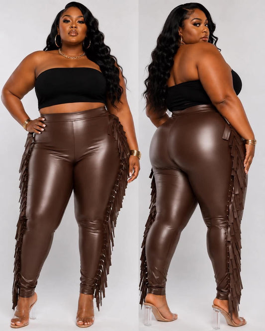 PLUS SIZE FAUX LEATHER "FRINGE BENEFITS" PANTS-CHOCOLATE-40