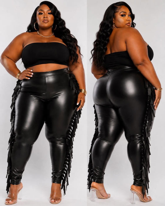 PLUS SIZE FAUX LEATHER "FRINGE BENEFITS" PANTS-BLACK-40